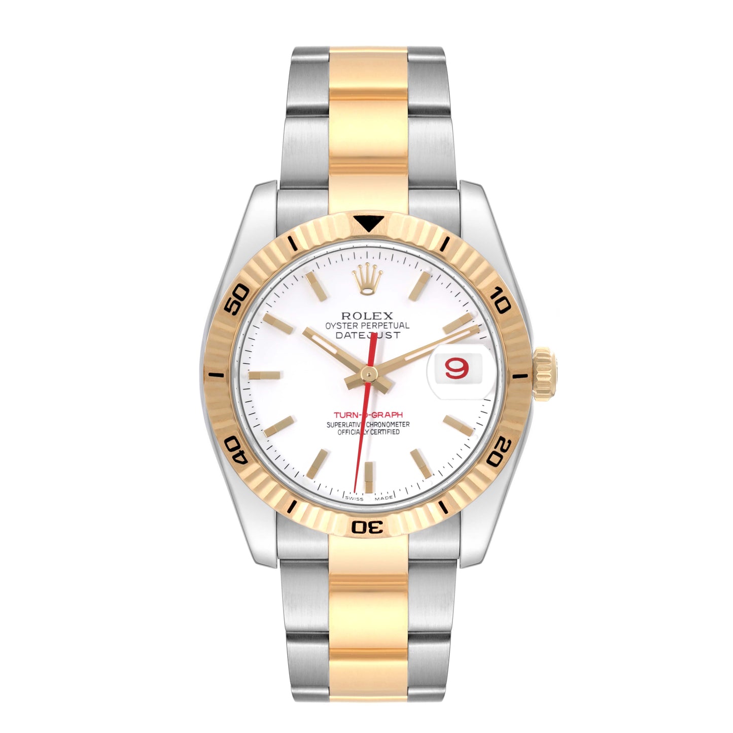 Rolex Datejust Turnograph 36mm 2 Tone 18k Yellow Gold & Stainless Steel White Dial Fluted Bezel Oyster Steel Watch 116263