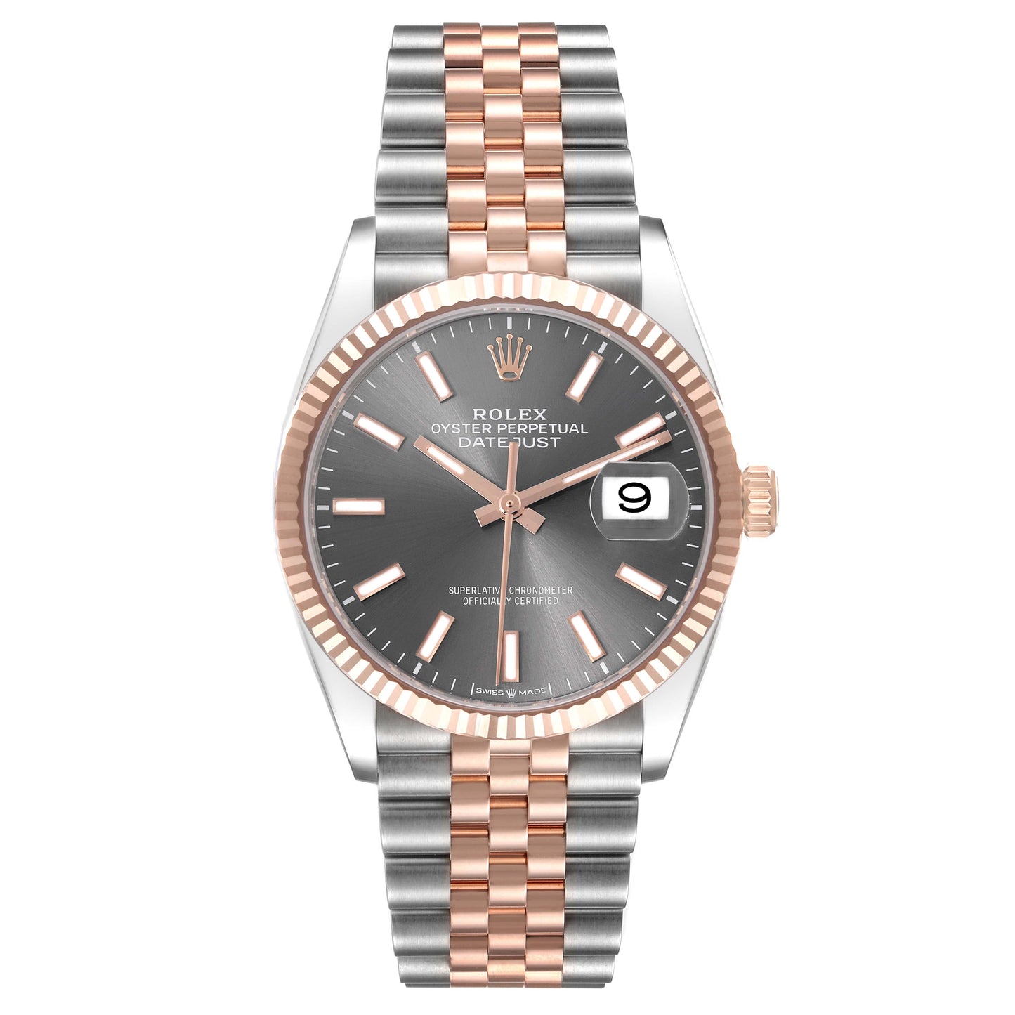 Rolex Datejust 36mm 2 Tone 18k Rose Gold & Stainless Steel Grey 'Dark Rhodium' Dial Fluted Bezel Jubilee Bracelet 126231