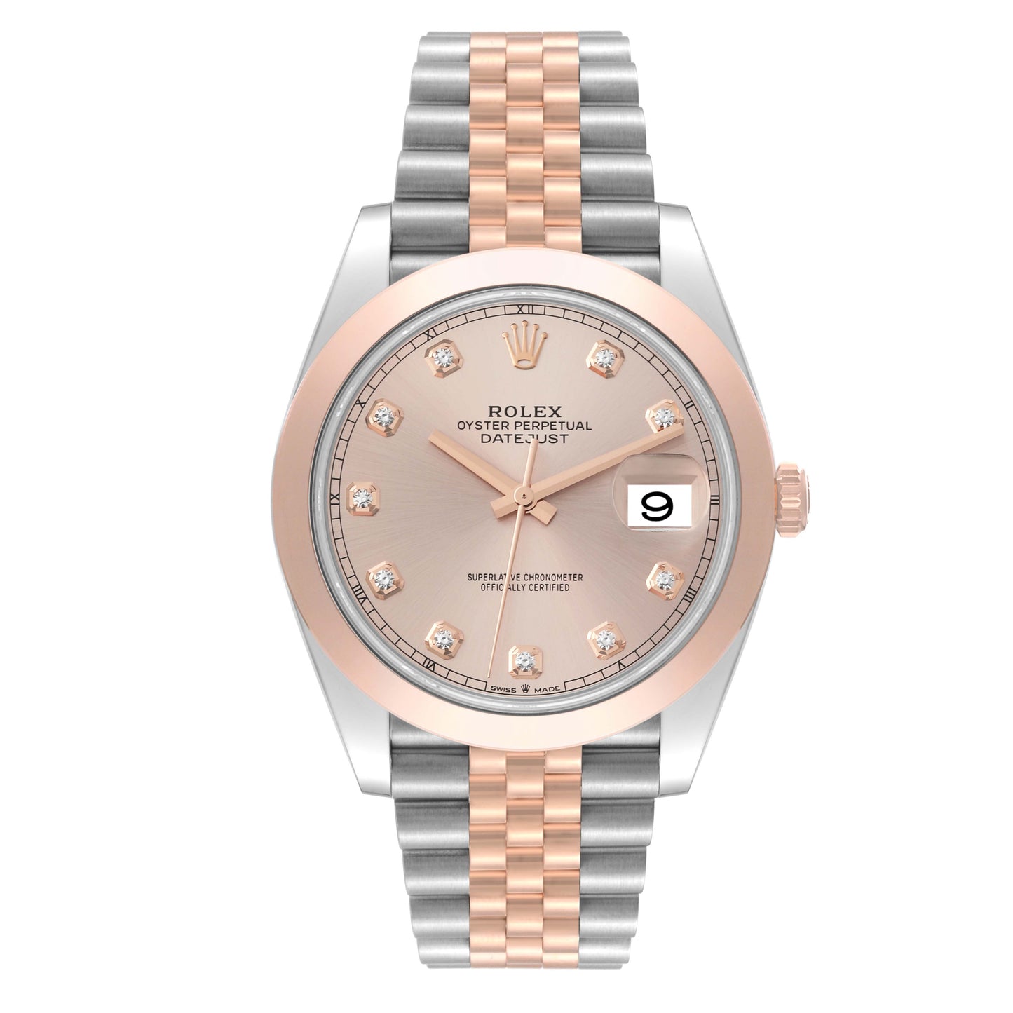 Rolex Datejust 41mm RG Smooth Bezel Sundust Diamond Dial Jubilee Band 2 Tone 18k Rose Gold & Stainless Steel Watch 126301