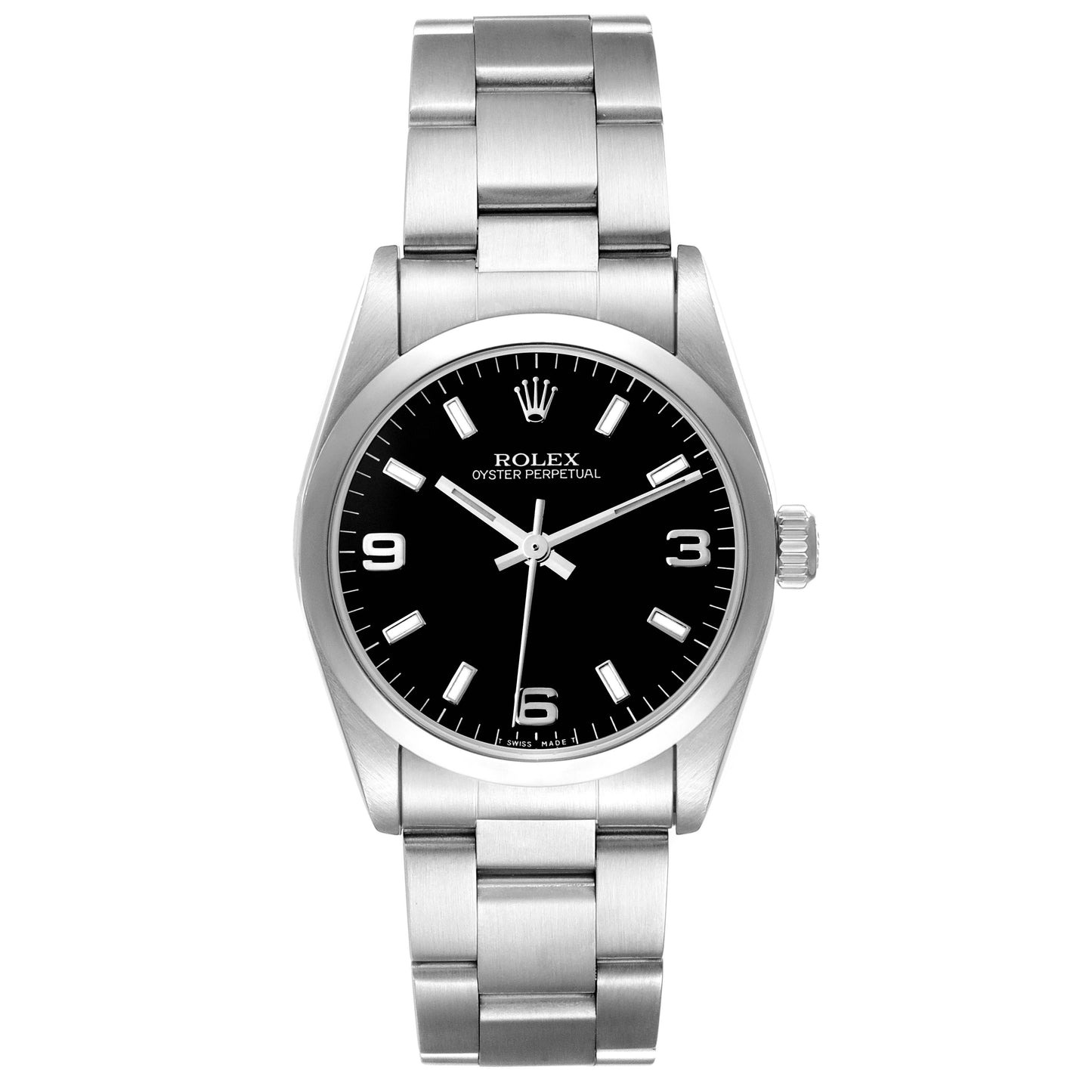 Rolex Midsize 31mm Black Arabic Numeral Dial SS Smooth Bezel Oyster Band Stainless Steel Ladies Watch 67480