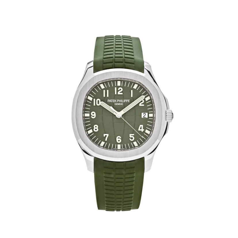 Patek Philippe 42mm Aquanaut Khaki Green Arabic Numeral Dial Tropical Green Rubber Band 18K White Gold Watch 5168G-010