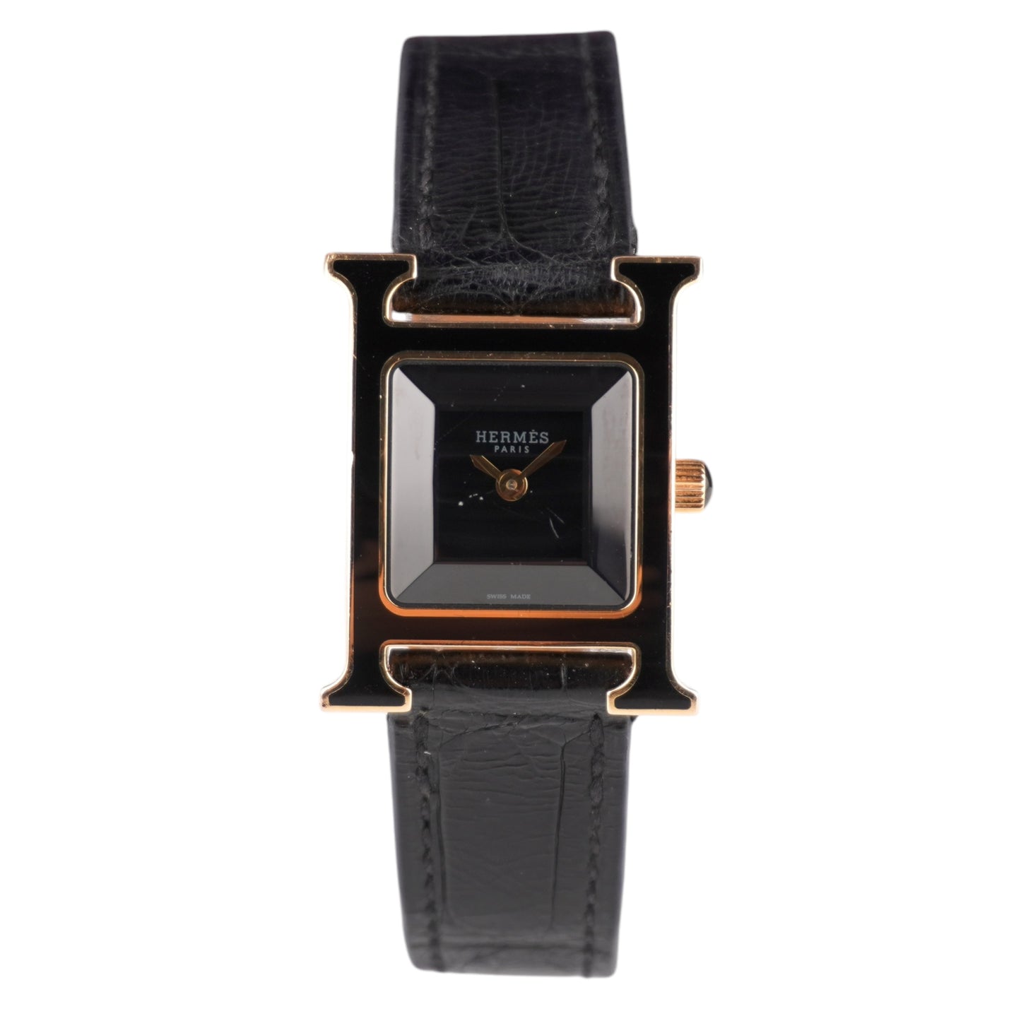 Hermes Heure H 21x30mm Black Dial Black Leather Band 18k Rose Gold Watch HH1.270B