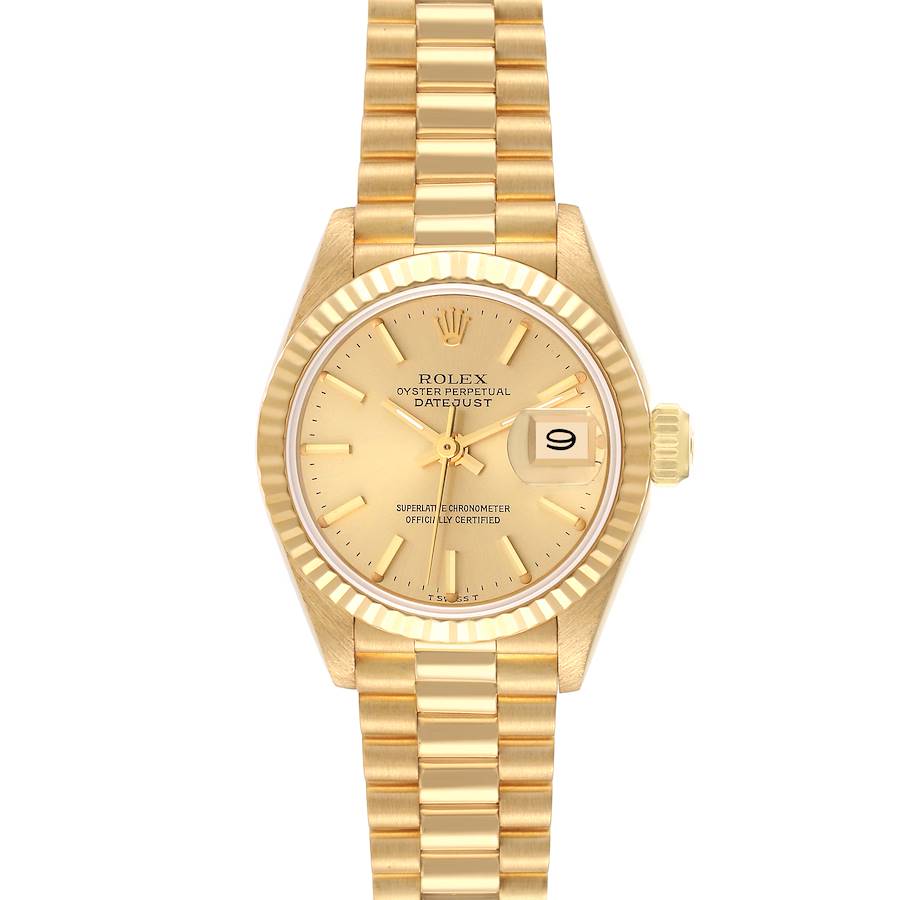 Rolex Datejust 26mm 18k Yellow Gold Champagne Dial Fluted Bezel President Band Watch 6917