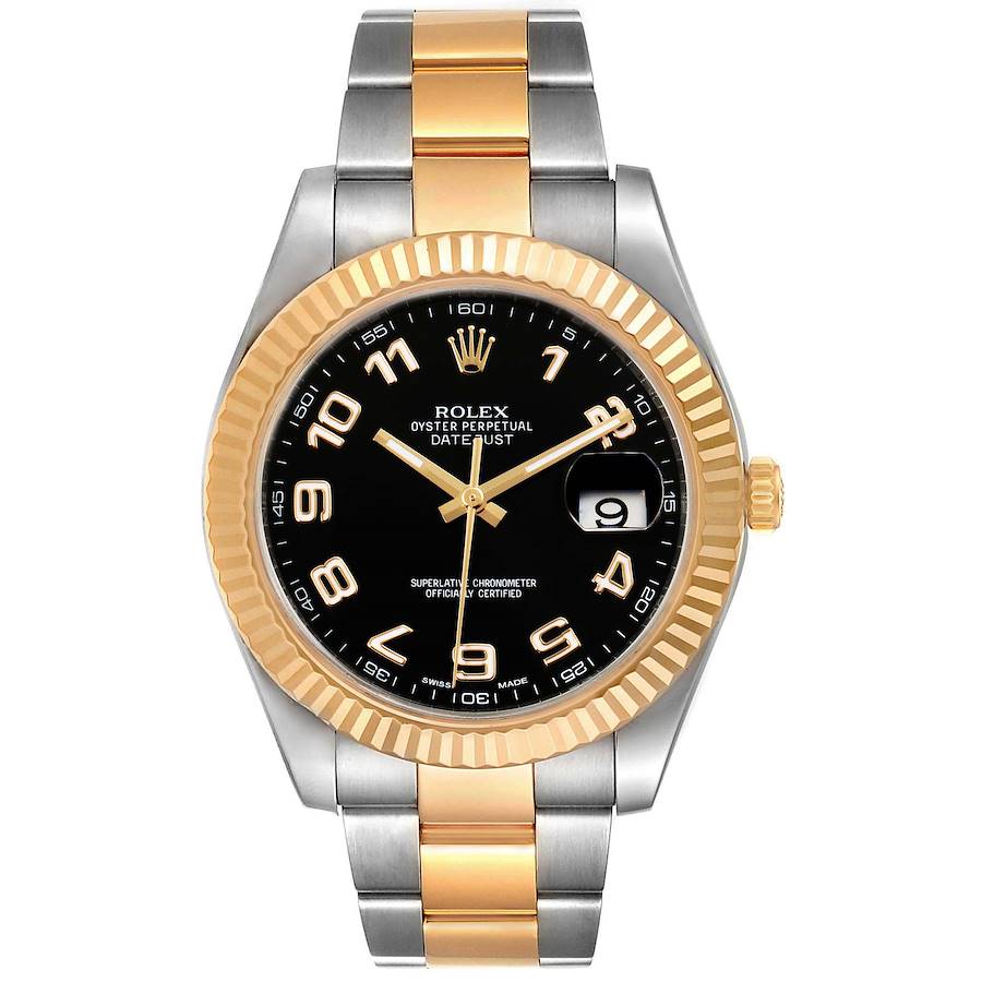 Rolex Datejust 41mm Black Arabic Numeral Dial YG Fluted Bezel Oyster Band 2 Tone 18k Yellow Gold & Stainless Steel Watch 116333