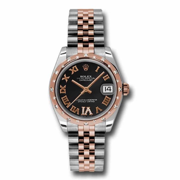 Rolex Datejust 31 Midsize Steel 18K Rose Gold Black Dial Diamond Watch 178341