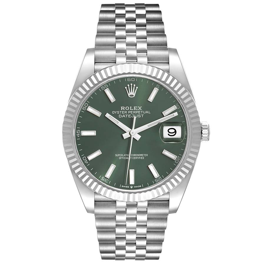 Rolex Datejust 41mm Green Dial 18k White Gold Fluted Bezel Jubilee Band Stainless Steel Watch 126334