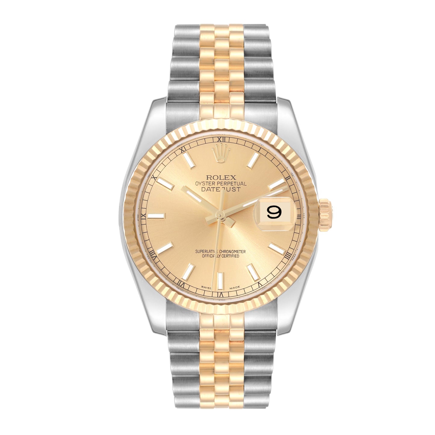 Rolex Datejust 36mm 2 Tone 18k Yellow Gold & Stainless Steel Fluted Bezel Jubilee Watch 116233