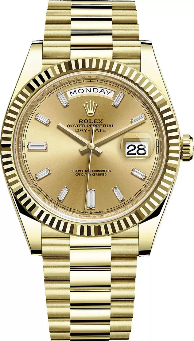 Rolex Day Date President 40mm 18k Yellow Gold Fluted Bezel Gold Factory Diamond Dial Watch 228238
