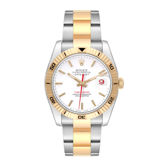 Rolex Datejust Turnograph 36mm 2 Tone 18k Yellow Gold & Stainless Steel White Dial Fluted Bezel Oyster Steel Watch 116263