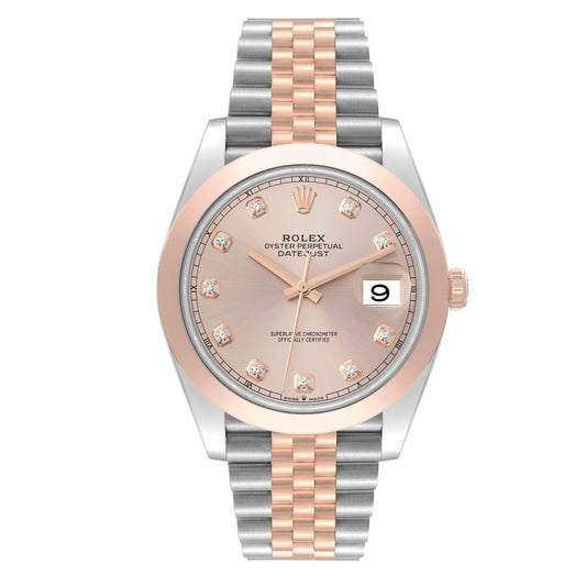 Rolex Datejust 41mm RG Smooth Bezel Sundust Diamond Dial Jubilee Band 2 Tone 18k Rose Gold & Stainless Steel Watch 126301