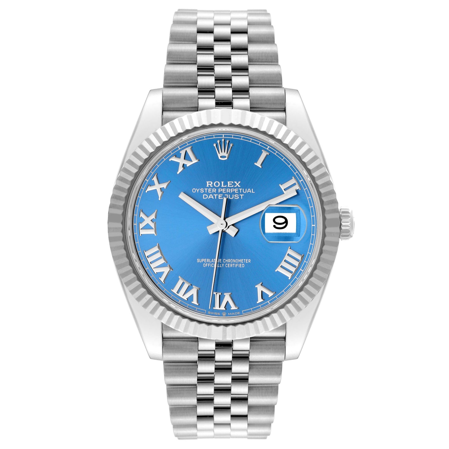 Rolex Datejust 41mm Blue Roman Numeral Dial 18k White Gold Fluted Bezel Jubilee Band Stainless Steel Watch 126334 (Copy)