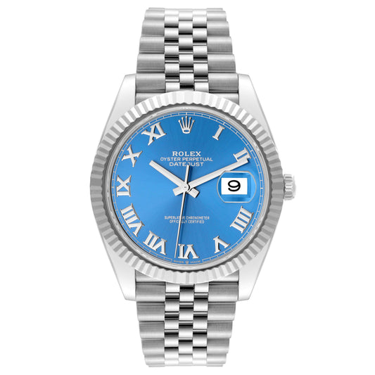 Rolex Datejust 41mm Blue Roman Numeral Dial 18k White Gold Fluted Bezel Jubilee Band Stainless Steel Watch 126334 (Copy)