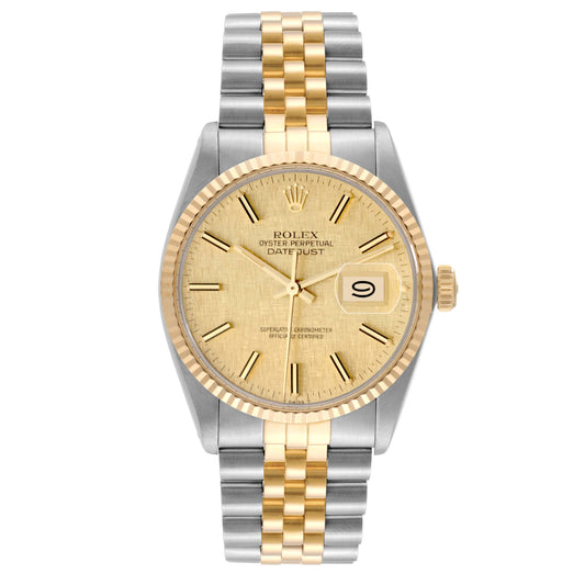Rolex Datejust 36mm 2 Tone 18k Yellow Gold & Stainless Steel Linen Dial Fluted Bezel Jubilee Band Watch 16013