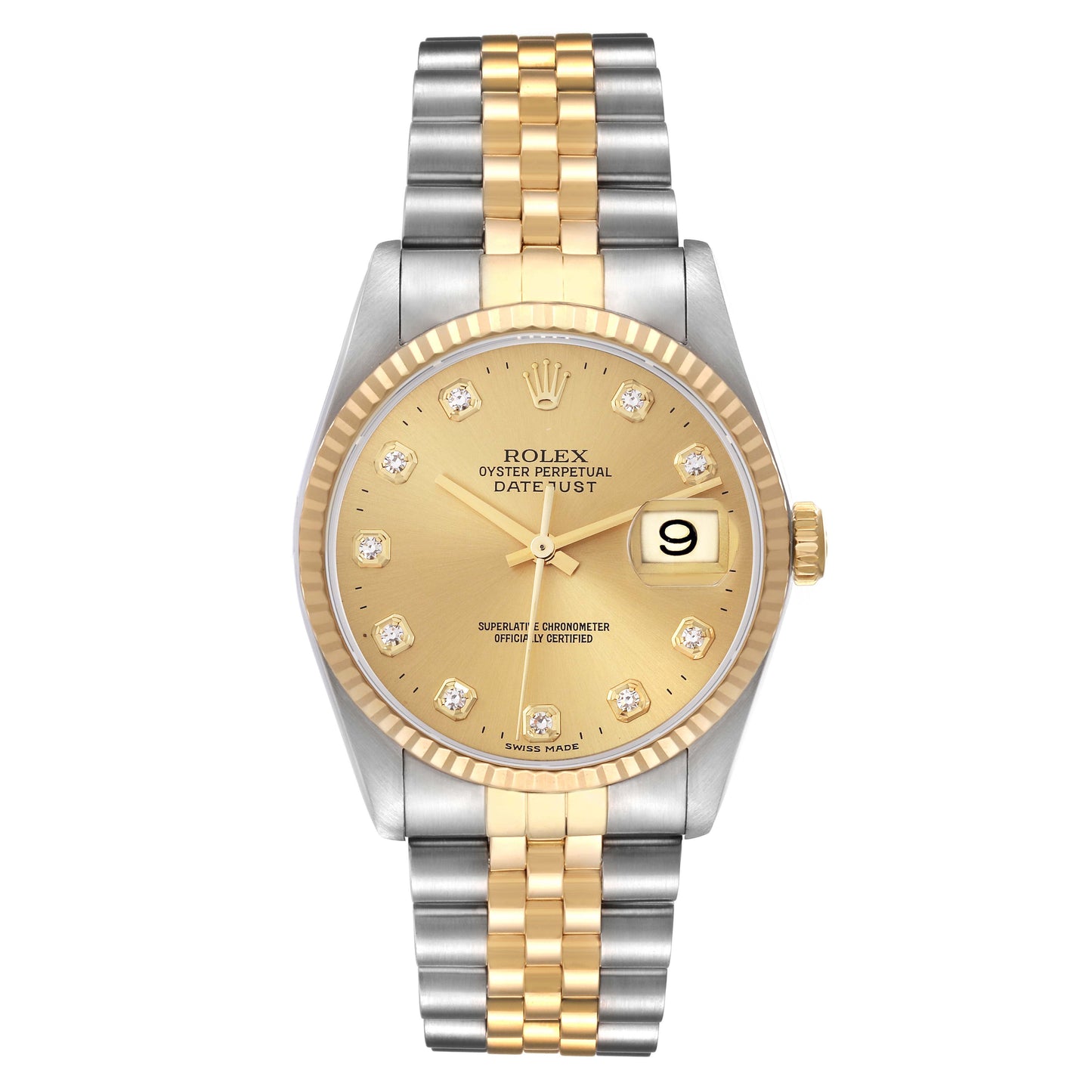 Rolex Datejust 36mm Champagne Gold Factory Diamond Dial 18k Fluted Bezel Jubilee Band 2 Tone 18k Yellow Gold & Stainless Steel Watch 16233