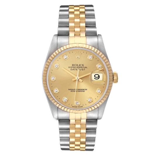 Rolex Datejust 36mm Champagne Gold Factory Diamond Dial 18k Fluted Bezel Jubilee Band 2 Tone 18k Yellow Gold & Stainless Steel Watch 16233