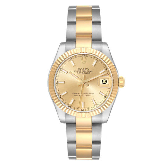 Rolex Datejust 31mm 2 Tone 18k Yellow Gold & Stainless Steel 18K YG Fluted Bezel Champagne Dial Oyster Watch 178273