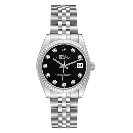 Rolex Datejust 31mm Stainless Steel 18k White Gold Fluted Bezel Black Diamond Dial Jubilee Watch 178274
