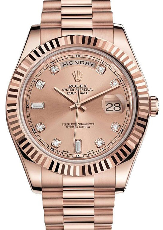 Rolex Day Date President 41mm 18k Rose Gold Fluted Bezel Sundust Diamond Dial Watch 218235