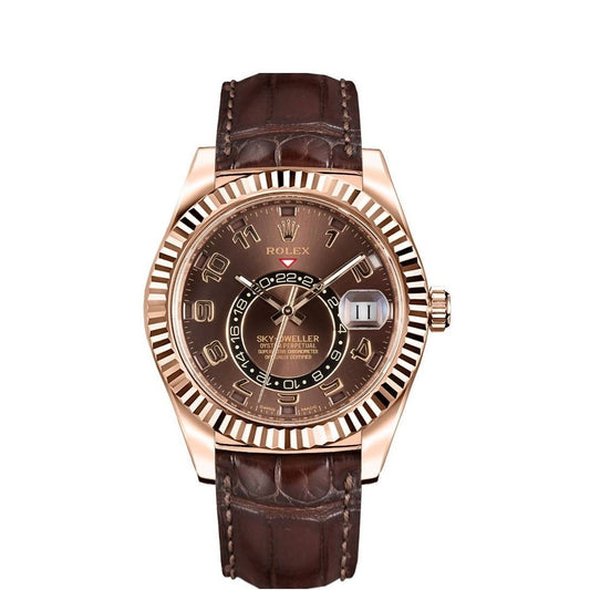 Rolex Sky-Dweller 42mm Chocolate Dial RG Fluted Bezel Tan-Brown Leather Band 18k Rose Gold Watch 326135
