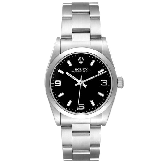 Rolex Midsize 31mm Black Arabic Numeral Dial SS Smooth Bezel Oyster Band Stainless Steel Ladies Watch 67480