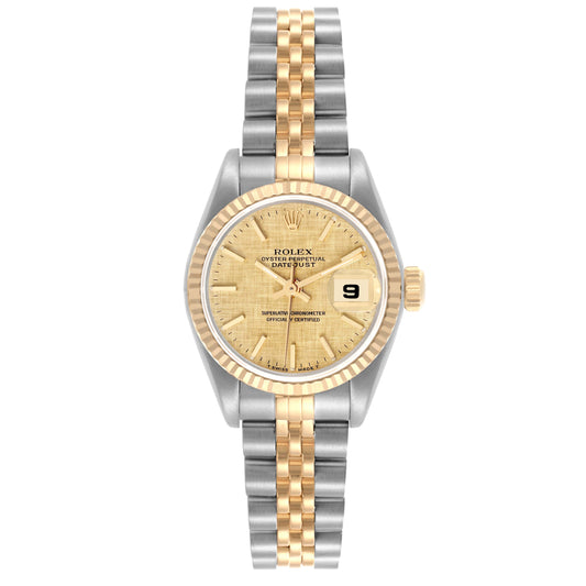 Rolex Datejust 26mm 2-Tone 18k Yellow Gold & Stainless Steel Champagne Linen Dial 18k YG Fluted Bezel Jubilee Band Watch 69173