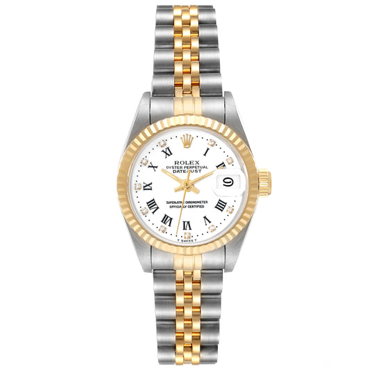 Rolex Datejust 26mm 2-Tone 18k Yellow Gold & Stainless Steel White Roman Dial Jubilee Band Watch 69173G