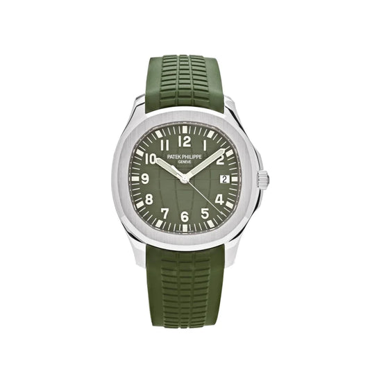 Patek Philippe 42mm Aquanaut Khaki Green Arabic Numeral Dial Tropical Green Rubber Band 18K White Gold Watch 5168G-010