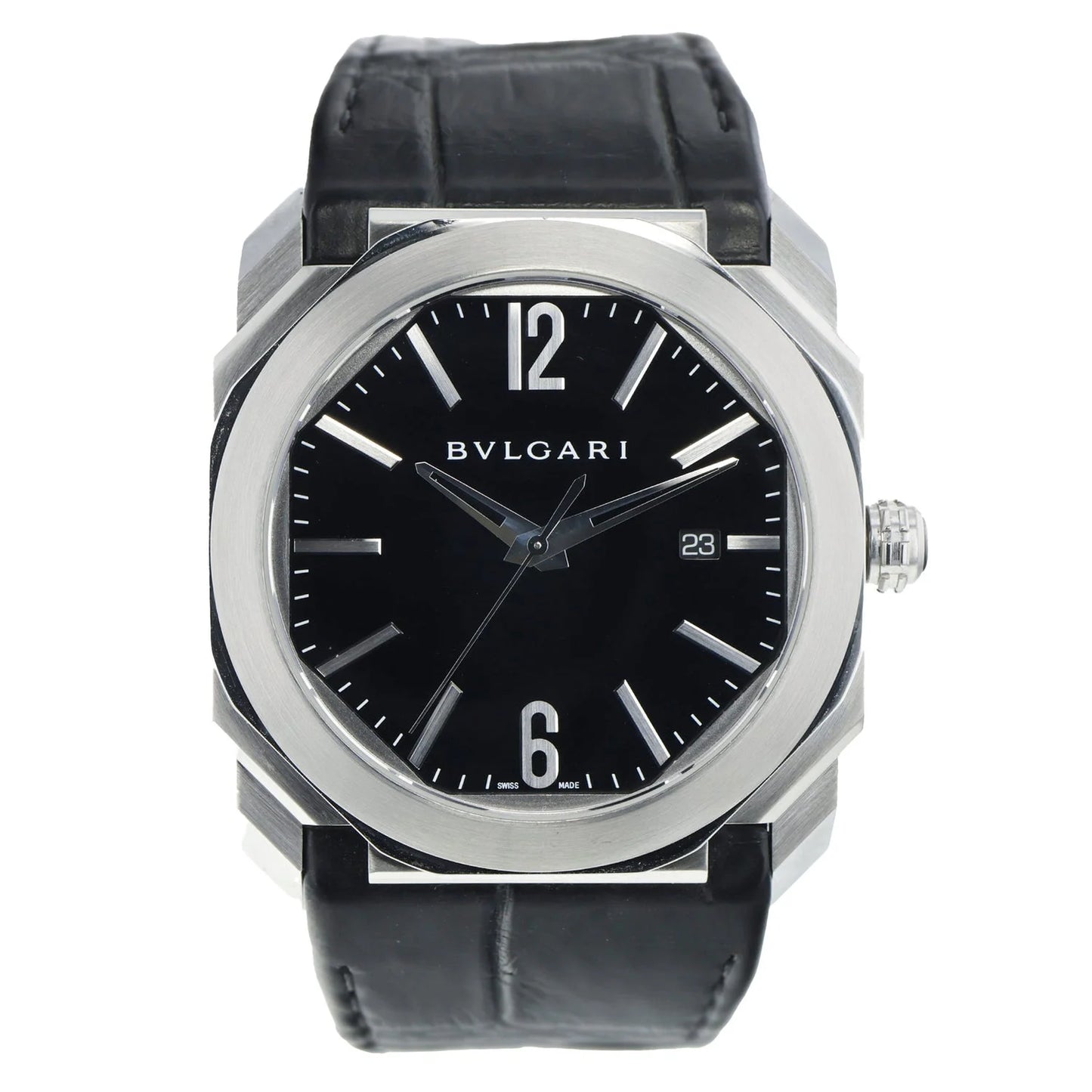 Bvlgari Octo 41mm Black Dial Smooth Bezel Black Leather Band Stainless Steel Watch BGO41S