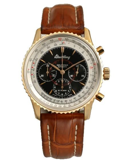 Breitling Navitimer 38mm Black and Silver Dial Fluted Rose Gold Bezel Brown Leather Band 18k Rose Gold  Watch H30030.1