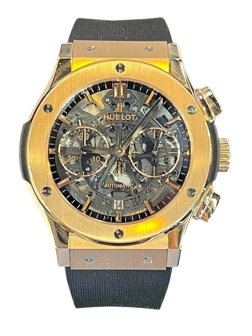 Hublot Classic Fusion 45mm Black Skeleton Chronograph Dial RG Bezel Rubber Band 18k Rose Gold Watch HU525.OX.0180.LR