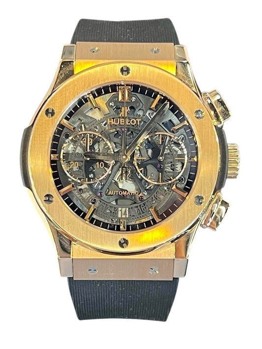 Hublot Classic Fusion 45mm Black Skeleton Chronograph Dial RG Bezel Rubber Band 18k Rose Gold Watch HU525.OX.0180.LR