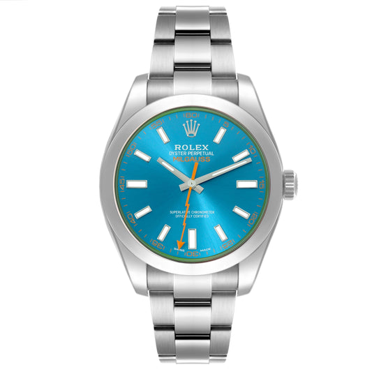 Rolex Milgauss 40mm Blue Dial Green Crystal Smooth Bezel Oyster Stainless Steel Watch 116400GV