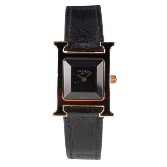 Hermes Heure H 21x30mm Black Dial Black Leather Band 18k Rose Gold Watch HH1.270B