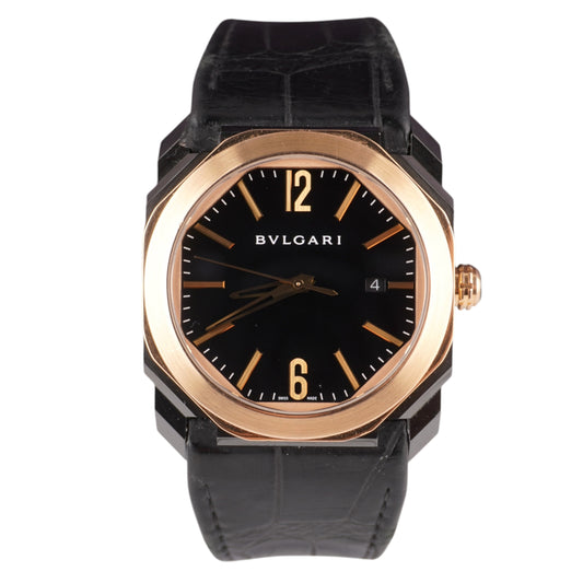 Bvlgari Octo 41mm Black Dial RG Bezel Black Leather Band 18k Rose Gold Watch BGOP41SG