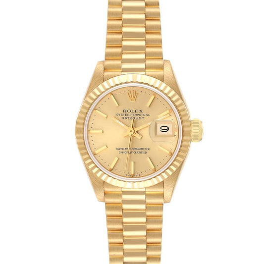 Rolex Datejust 26mm 18k Yellow Gold Champagne Dial Fluted Bezel President Band Watch 6917