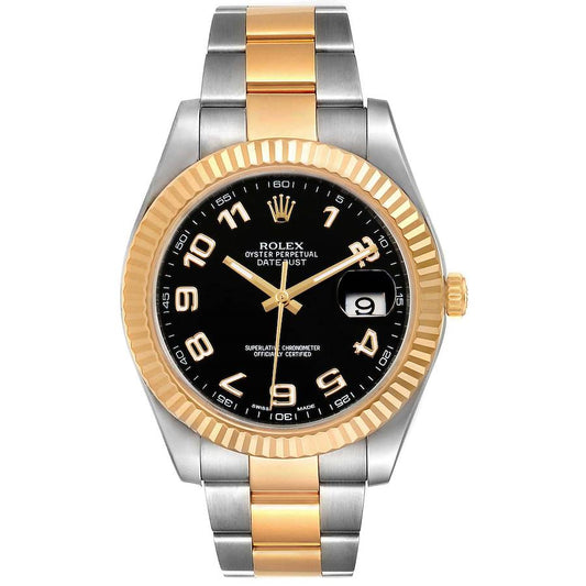 Rolex Datejust 41mm Black Arabic Numeral Dial YG Fluted Bezel Oyster Band 2 Tone 18k Yellow Gold & Stainless Steel Watch 116333