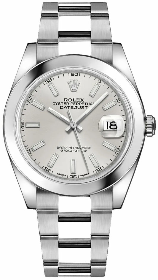 Rolex Datejust 41mm Silver Dial Smooth Bezel Oyster Band Stainless Steel Watch 116300