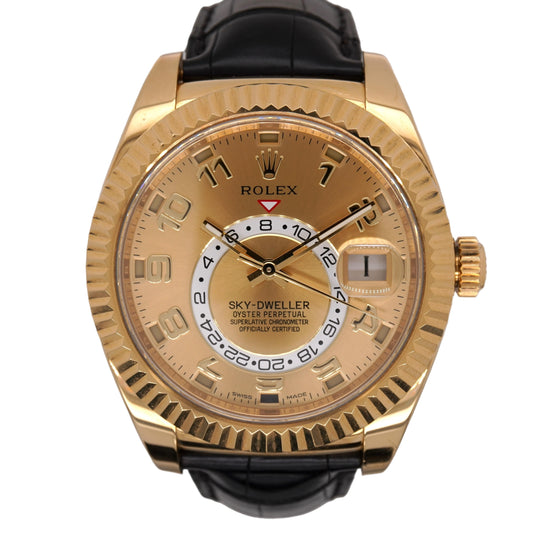 Rolex Sky-Dweller 42mm Champagne Dial YG Fluted Bezel Black Leather Band 18k Yellow Gold Watch 326138
