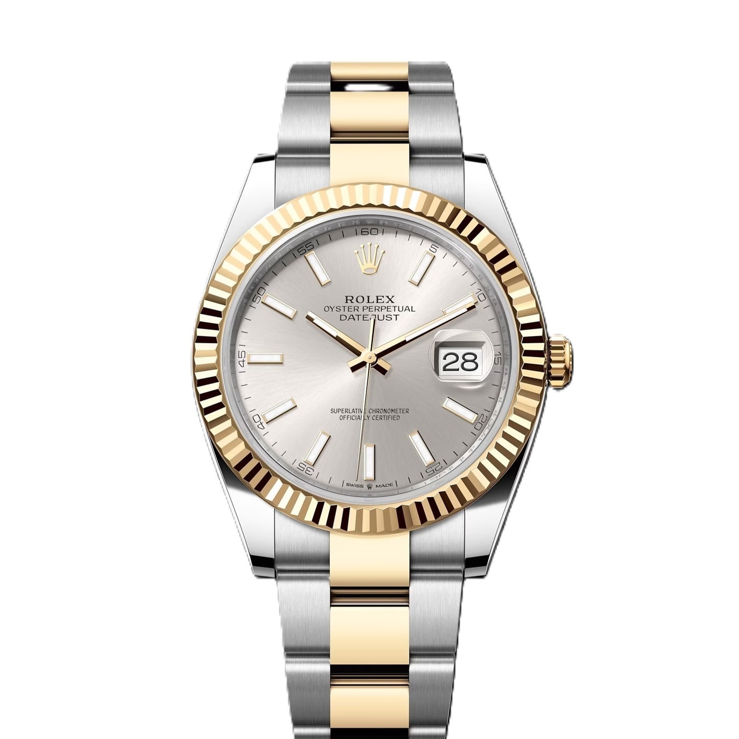 Rolex Datejust II 41mm 2 Tone Stainless Steel & 18k Yellow Gold Fluted Bezel Silver Dial Oyster Steel Watch 126333