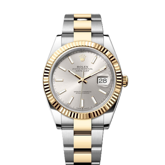 Rolex Datejust II 41mm 2 Tone Stainless Steel & 18k Yellow Gold Fluted Bezel Silver Dial Oyster Steel Watch 126333