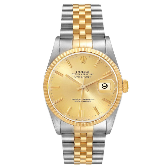 Rolex Datejust 36mm Champagne Gold Dial 18k Fluted Bezel Jubilee Band 2 Tone 18k Yellow Gold & Stainless Steel Watch 16233