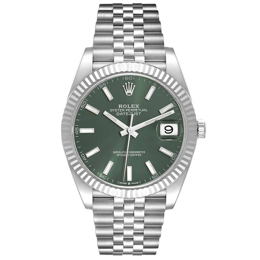 Rolex Datejust 41mm Green Dial 18k White Gold Fluted Bezel Jubilee Band Stainless Steel Watch 126334