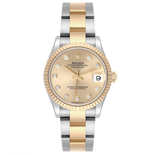 Rolex Datejust 31mm Champagne Diamond Dial YG Fluted Bezel Oyster Band 2 Tone 18k Yellow Gold & Stainless Steel 278273