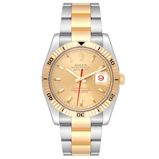 Rolex Datejust Turnograph 36mm 2 Tone 18k Yellow Gold & Stainless Steel Gold Dial Fluted Bezel Oyster Band Watch 116263