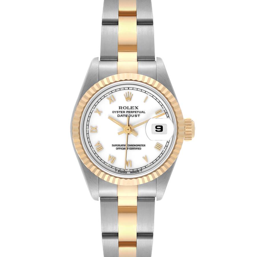 Rolex Datejust 26mm White Roman Dial YG Fluted Bezel Oyster Band Band 2 Tone 18k Yellow Gold & Stainless Steel Watch 69173