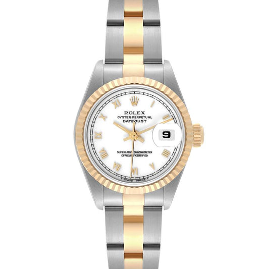 Rolex Datejust 26mm White Roman Dial YG Fluted Bezel Oyster Band Band 2 Tone 18k Yellow Gold & Stainless Steel Watch 69173