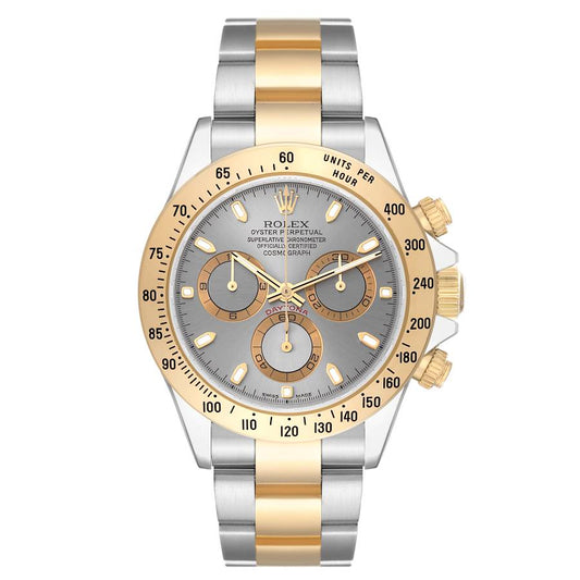 Rolex Daytona Cosmograph 40mm 2-Tone 18k Yellow Gold & Stainless Steel Grey Slate Dial Gold Bezel Oyster Band Watch 116523