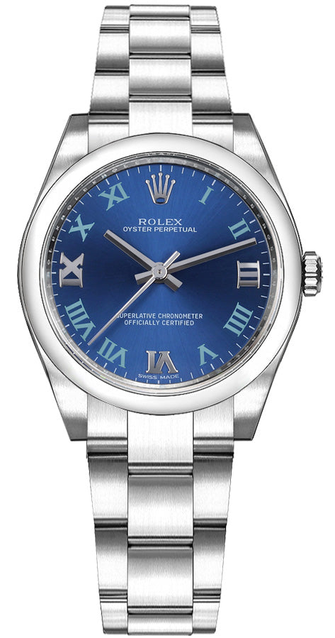 Rolex Oyster Perpetual 31mm Stainless Steel Blue Roman Dial Watch 177200