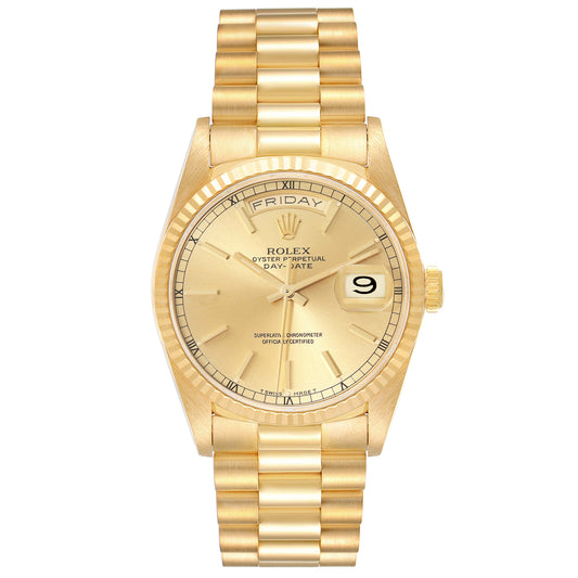 Rolex President Day-Date Champagne Dial YG Fluted Bezel Double Quickset Mens 18K Yellow Gold Watch 18238