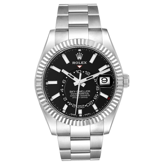 Rolex Sky-Dweller 42mm Black Dial 18k WG Fluted Bezel Oyster Band Stainless Steel Watch 326934